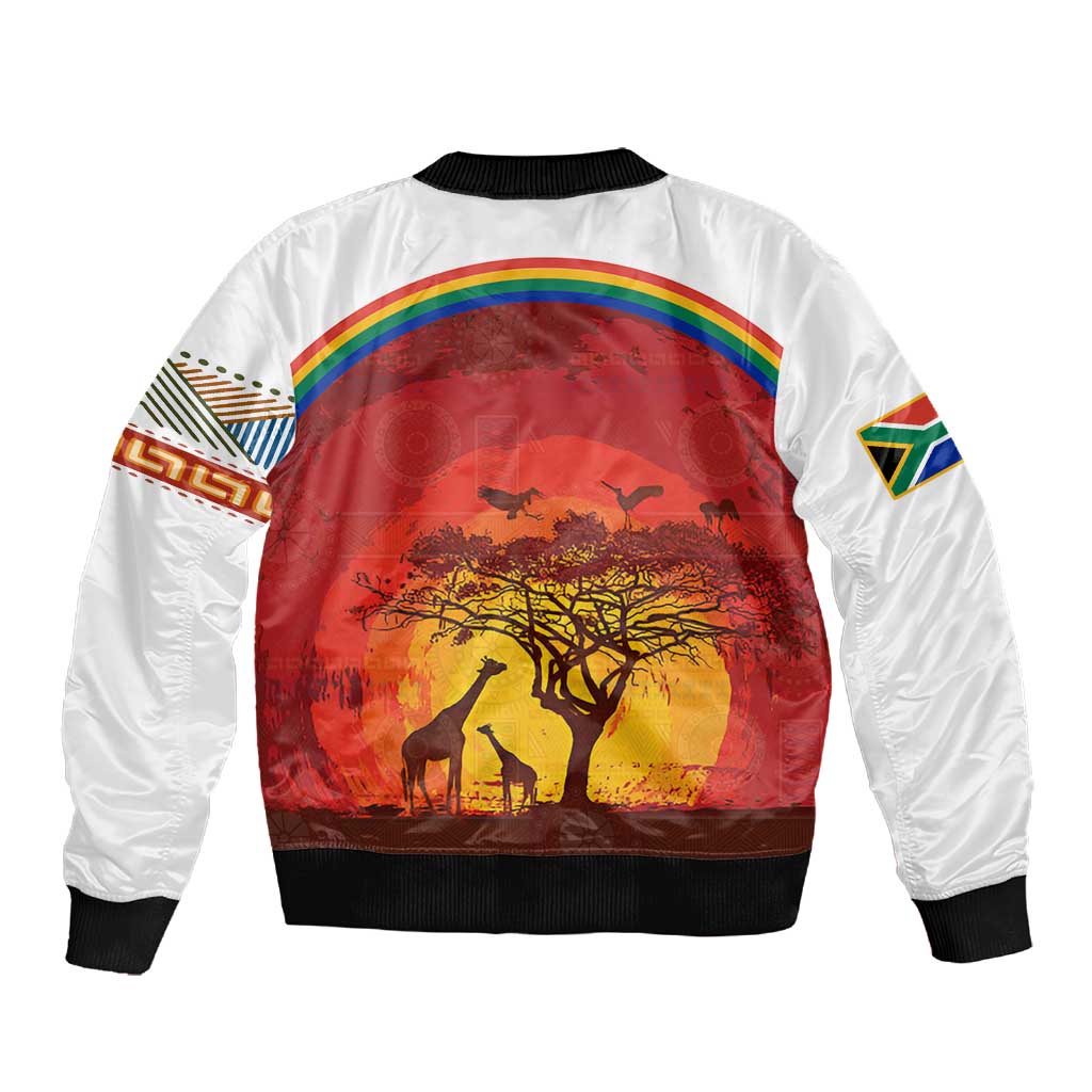 African Sunset Sleeve Zip Bomber Jacket Tribal Pattern Continent Silhouette - Rainbow Arc Safari Scene