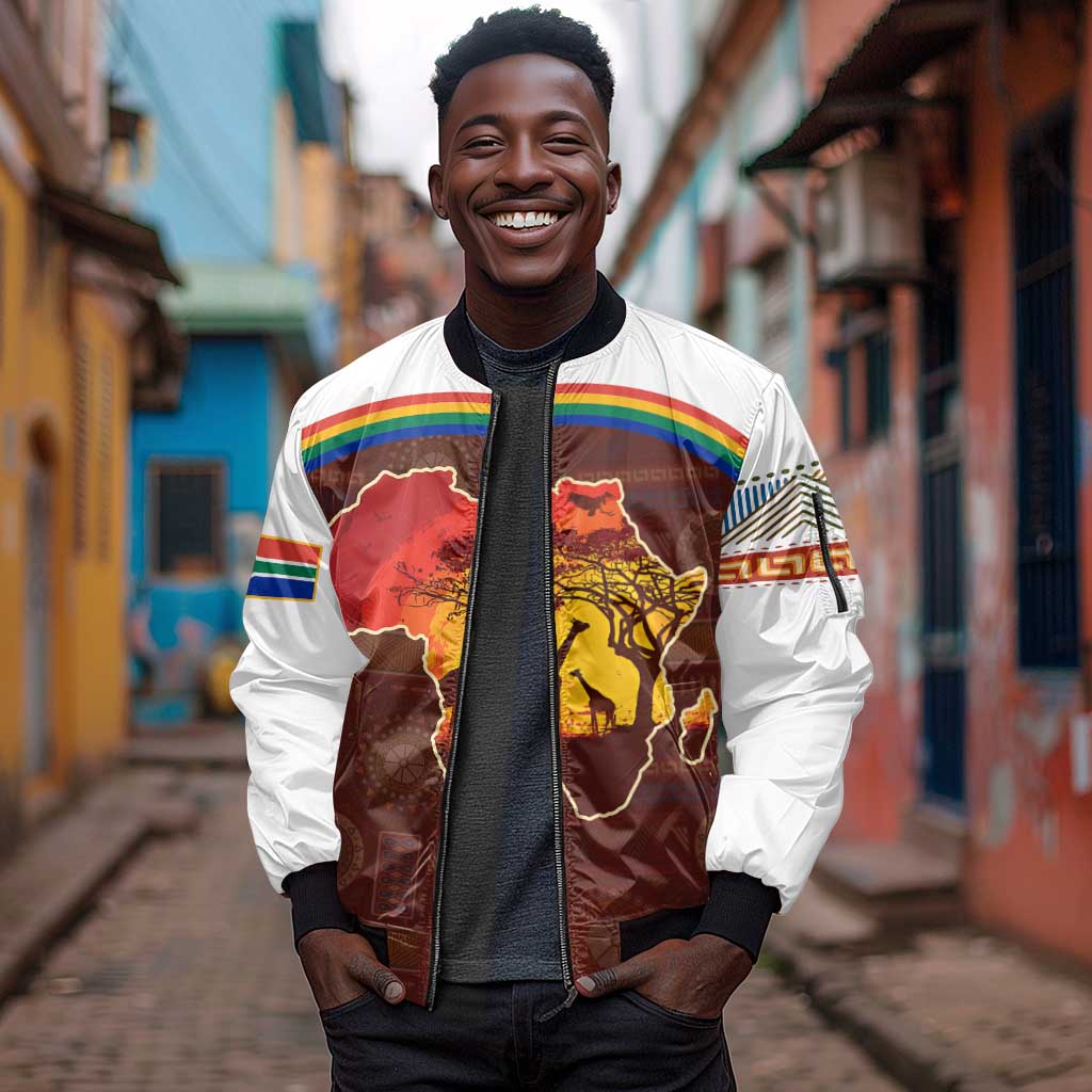 African Sunset Sleeve Zip Bomber Jacket Tribal Pattern Continent Silhouette - Rainbow Arc Safari Scene