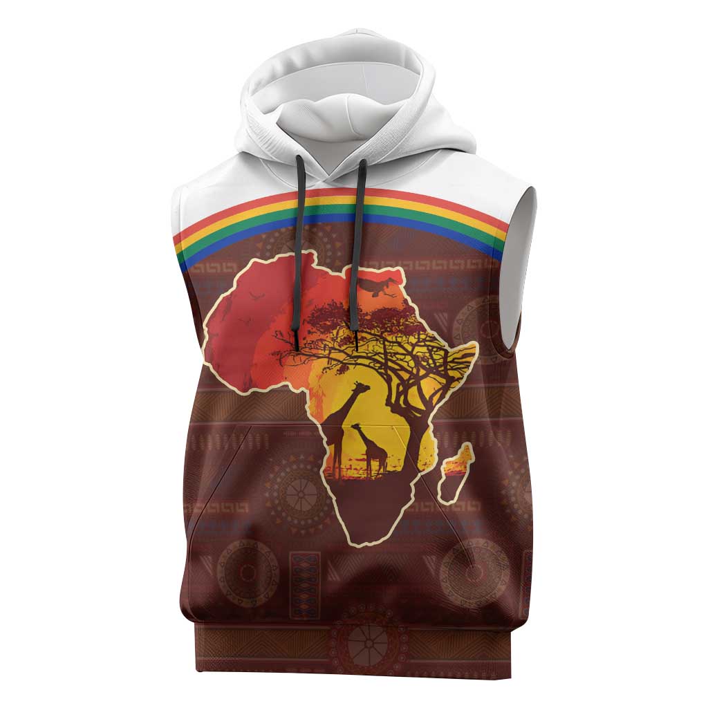 African Sunset Sleeveless Hoodie Tribal Pattern Continent Silhouette - Rainbow Arc Safari Scene - African Pride
