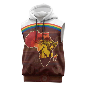 African Sunset Sleeveless Hoodie Tribal Pattern Continent Silhouette - Rainbow Arc Safari Scene - African Pride