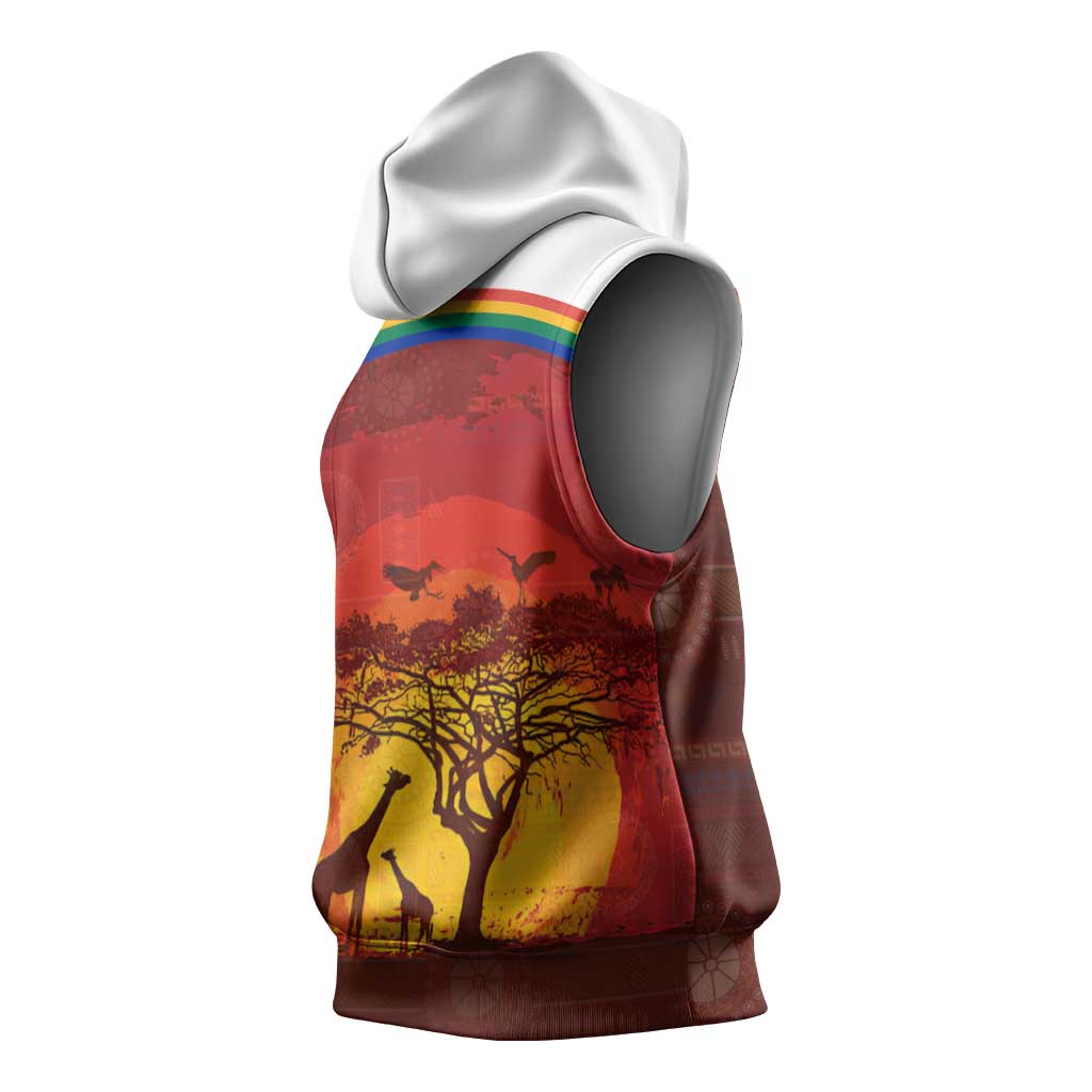 African Sunset Sleeveless Hoodie Tribal Pattern Continent Silhouette - Rainbow Arc Safari Scene - African Pride