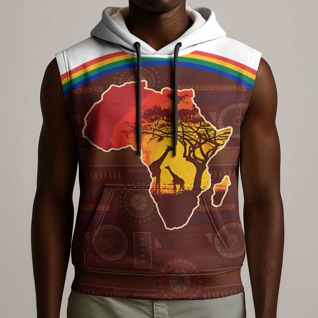 African Sunset Sleeveless Hoodie Tribal Pattern Continent Silhouette - Rainbow Arc Safari Scene - African Pride