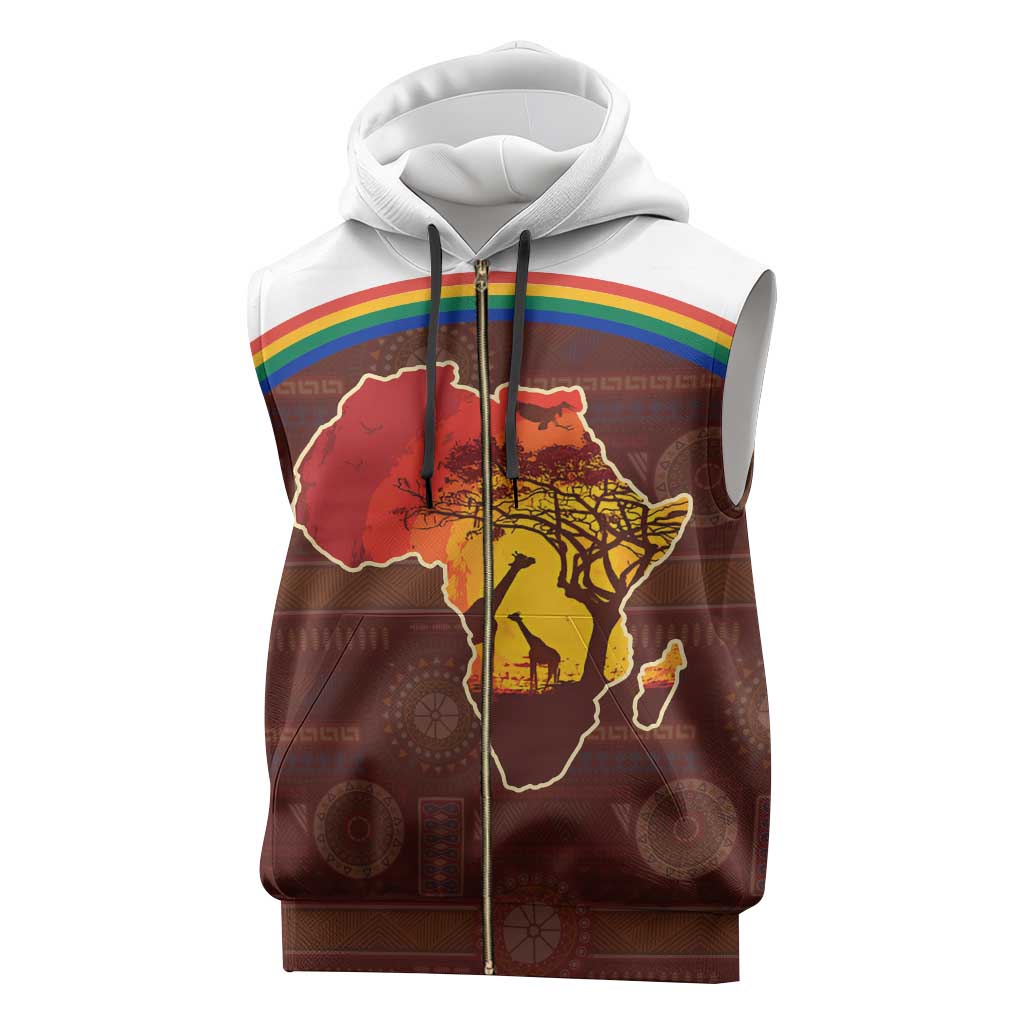African Sunset Sleeveless Zip Hoodie Tribal Pattern Continent Silhouette - Rainbow Arc Safari Scene - African Pride