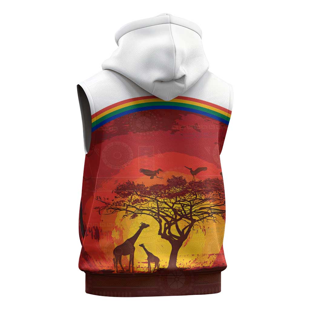 African Sunset Sleeveless Zip Hoodie Tribal Pattern Continent Silhouette - Rainbow Arc Safari Scene - African Pride