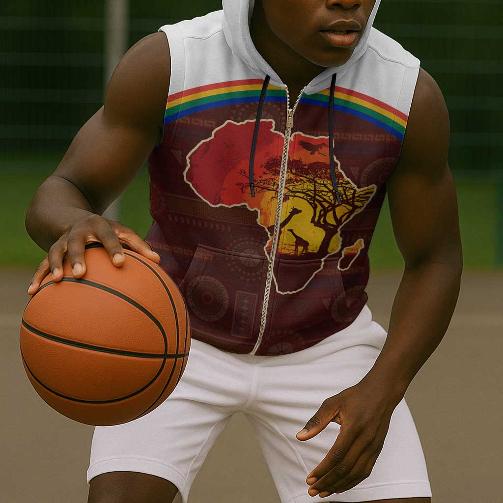 African Sunset Sleeveless Zip Hoodie Tribal Pattern Continent Silhouette - Rainbow Arc Safari Scene - African Pride