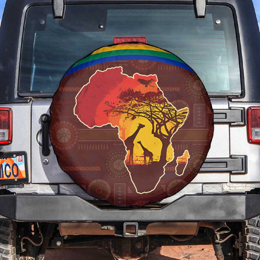 African Sunset Spare Tire Cover Tribal Pattern Continent Silhouette - Rainbow Arc Safari Scene