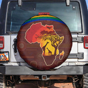 African Sunset Spare Tire Cover Tribal Pattern Continent Silhouette - Rainbow Arc Safari Scene