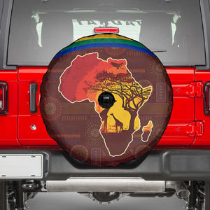 African Sunset Spare Tire Cover Tribal Pattern Continent Silhouette - Rainbow Arc Safari Scene