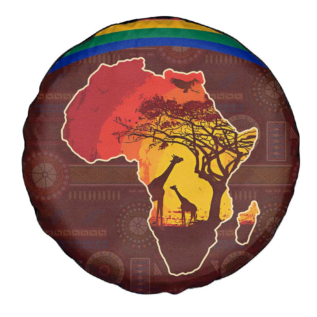 African Sunset Spare Tire Cover Tribal Pattern Continent Silhouette - Rainbow Arc Safari Scene