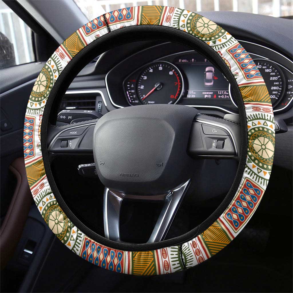 African Sunset Steering Wheel Cover Tribal Pattern Continent Silhouette - Rainbow Arc Safari Scene