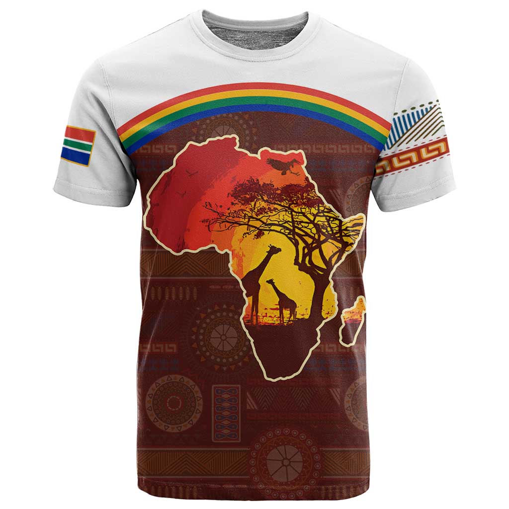 African Sunset T shirt Tribal Pattern Continent Silhouette - Rainbow Arc Safari Scene