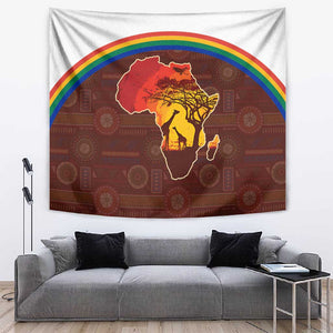 African Sunset Tapestry Tribal Pattern Continent Silhouette - Rainbow Arc Safari Scene