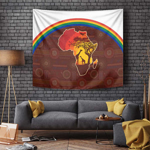 African Sunset Tapestry Tribal Pattern Continent Silhouette - Rainbow Arc Safari Scene