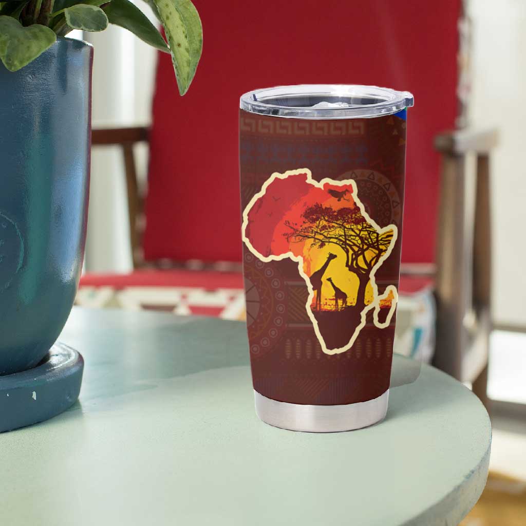 African Sunset Tumbler Cup Tribal Pattern Continent Silhouette - Rainbow Arc Safari Scene