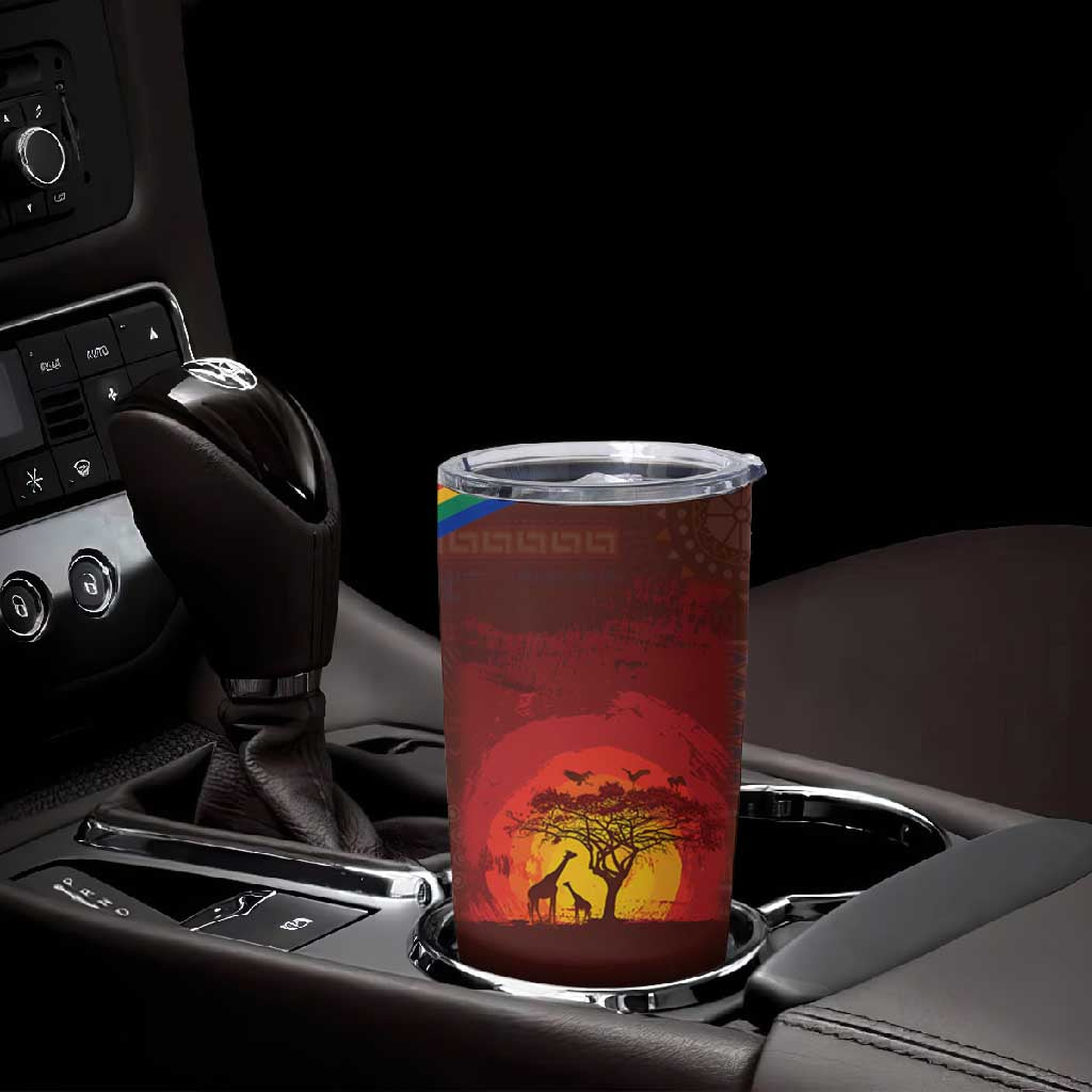 African Sunset Tumbler Cup Tribal Pattern Continent Silhouette - Rainbow Arc Safari Scene