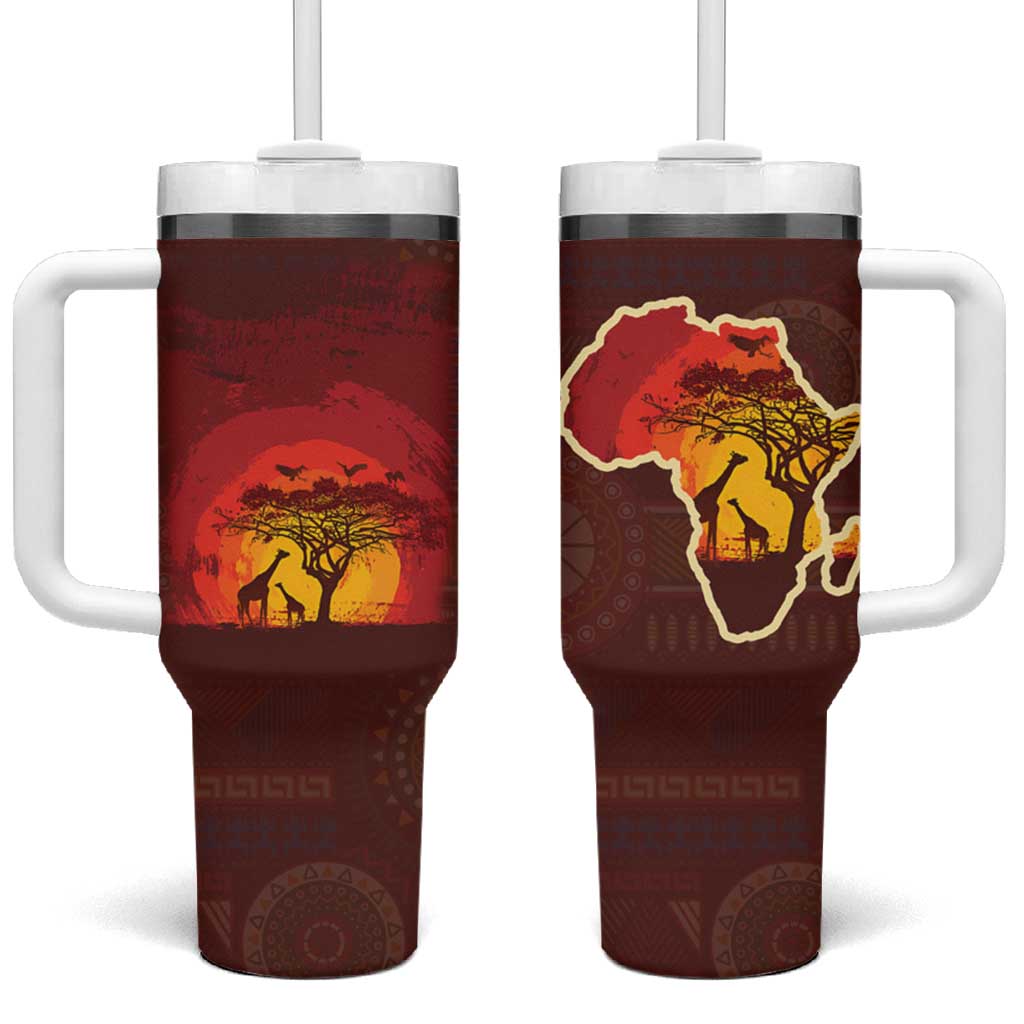 African Sunset Tumbler With Handle Tribal Pattern Continent Silhouette - Rainbow Arc Safari Scene