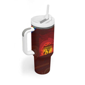 African Sunset Tumbler With Handle Tribal Pattern Continent Silhouette - Rainbow Arc Safari Scene