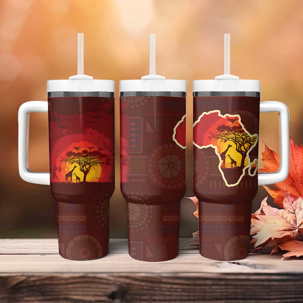 African Sunset Tumbler With Handle Tribal Pattern Continent Silhouette - Rainbow Arc Safari Scene