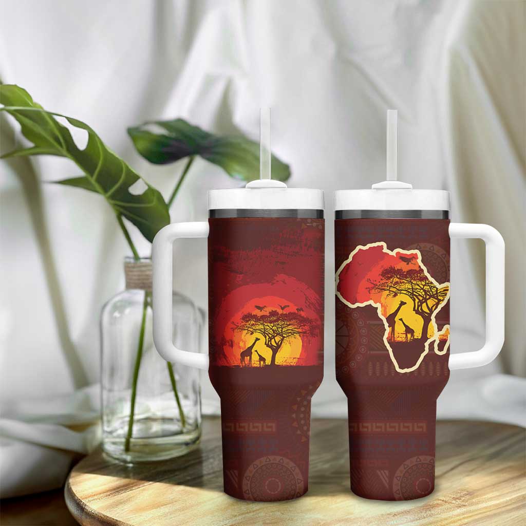 African Sunset Tumbler With Handle Tribal Pattern Continent Silhouette - Rainbow Arc Safari Scene