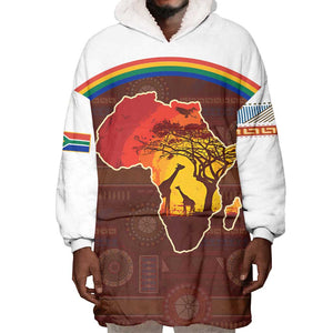 African Sunset Wearable Blanket Hoodie Tribal Pattern Continent Silhouette - Rainbow Arc Safari Scene