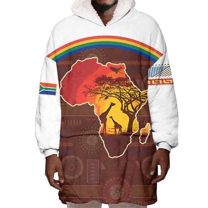 African Sunset Wearable Blanket Hoodie Tribal Pattern Continent Silhouette - Rainbow Arc Safari Scene