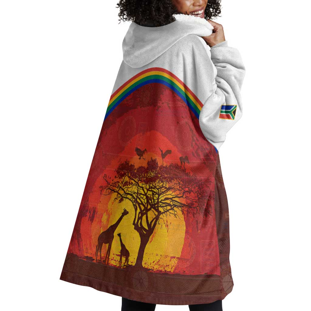African Sunset Wearable Blanket Hoodie Tribal Pattern Continent Silhouette - Rainbow Arc Safari Scene