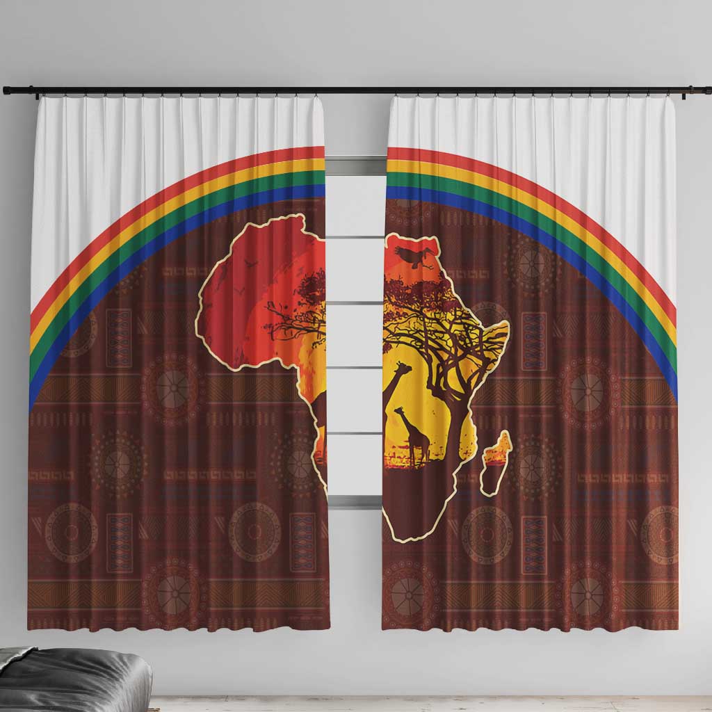 African Sunset Window Curtain Tribal Pattern Continent Silhouette - Rainbow Arc Safari Scene