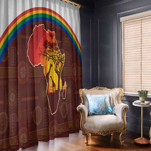 African Sunset Window Curtain Tribal Pattern Continent Silhouette - Rainbow Arc Safari Scene