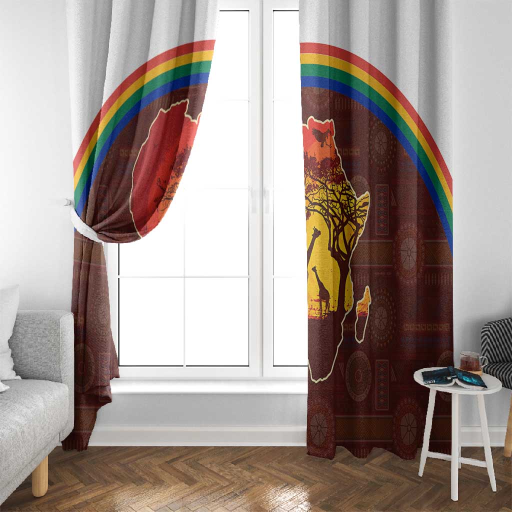 African Sunset Window Curtain Tribal Pattern Continent Silhouette - Rainbow Arc Safari Scene