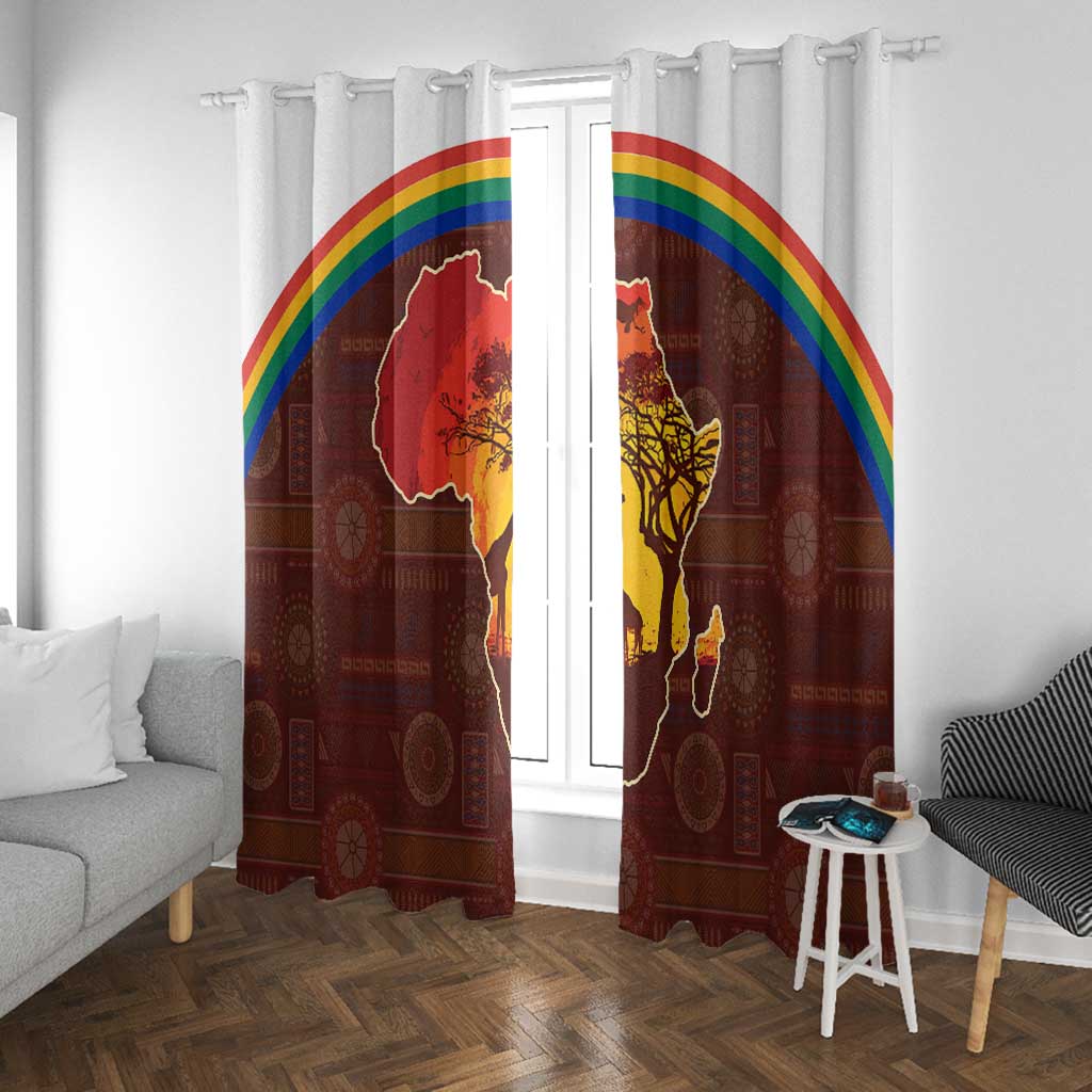 African Sunset Window Curtain Tribal Pattern Continent Silhouette - Rainbow Arc Safari Scene