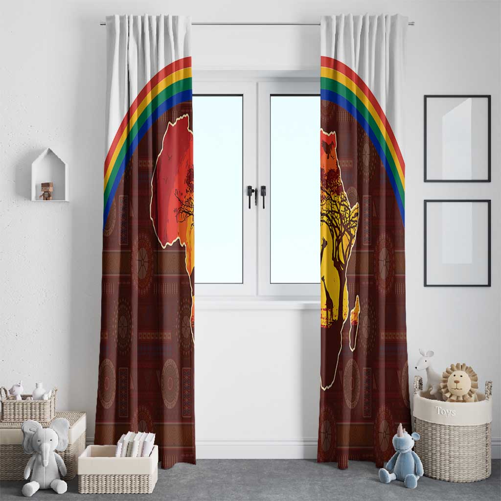 African Sunset Window Curtain Tribal Pattern Continent Silhouette - Rainbow Arc Safari Scene