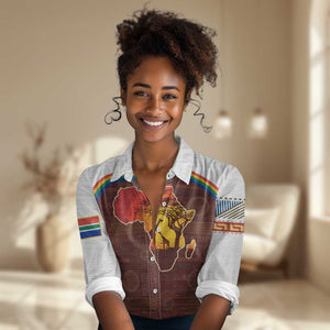 African Sunset Women Casual Shirt Tribal Pattern Continent Silhouette - Rainbow Arc Safari Scene