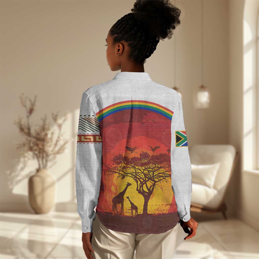 African Sunset Women Casual Shirt Tribal Pattern Continent Silhouette - Rainbow Arc Safari Scene