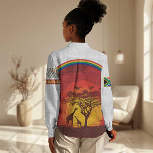 African Sunset Women Casual Shirt Tribal Pattern Continent Silhouette - Rainbow Arc Safari Scene
