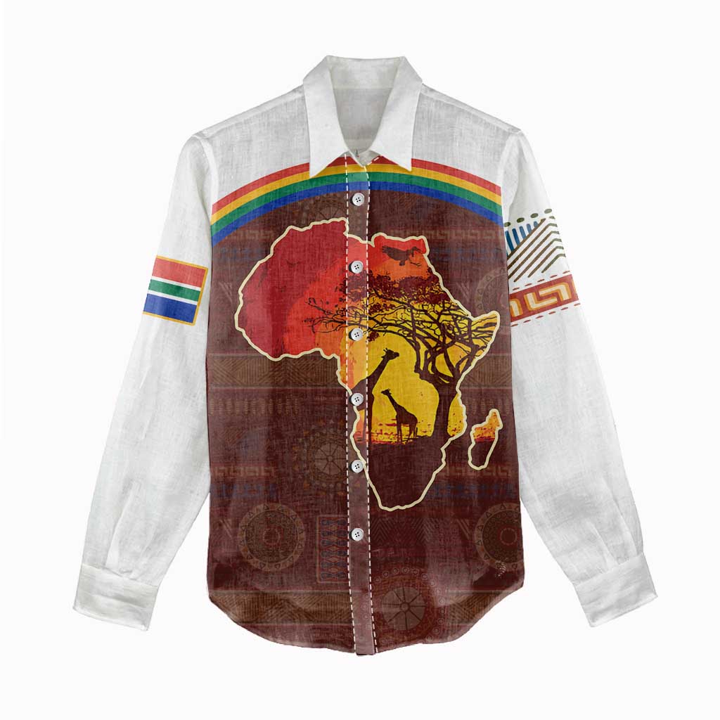 African Sunset Women Casual Shirt Tribal Pattern Continent Silhouette - Rainbow Arc Safari Scene
