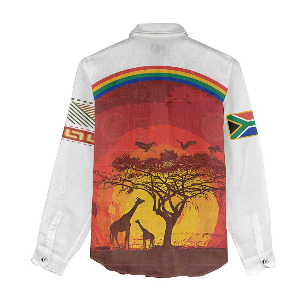 African Sunset Women Casual Shirt Tribal Pattern Continent Silhouette - Rainbow Arc Safari Scene