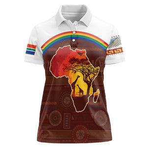African Sunset Women Polo Shirt Tribal Pattern Continent Silhouette - Rainbow Arc Safari Scene