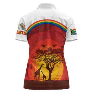 African Sunset Women Polo Shirt Tribal Pattern Continent Silhouette - Rainbow Arc Safari Scene