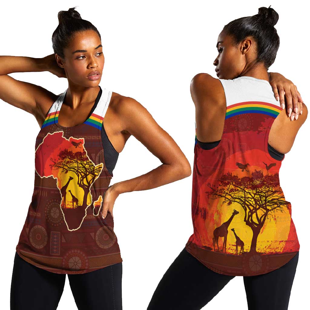 African Sunset Women Racerback Tank Tribal Pattern Continent Silhouette - Rainbow Arc Safari Scene