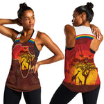 African Sunset Women Racerback Tank Tribal Pattern Continent Silhouette - Rainbow Arc Safari Scene