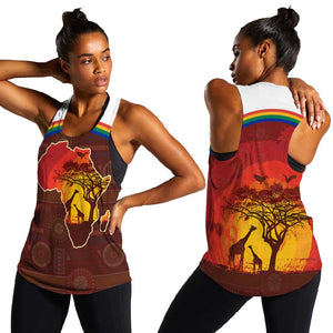 African Sunset Women Racerback Tank Tribal Pattern Continent Silhouette - Rainbow Arc Safari Scene
