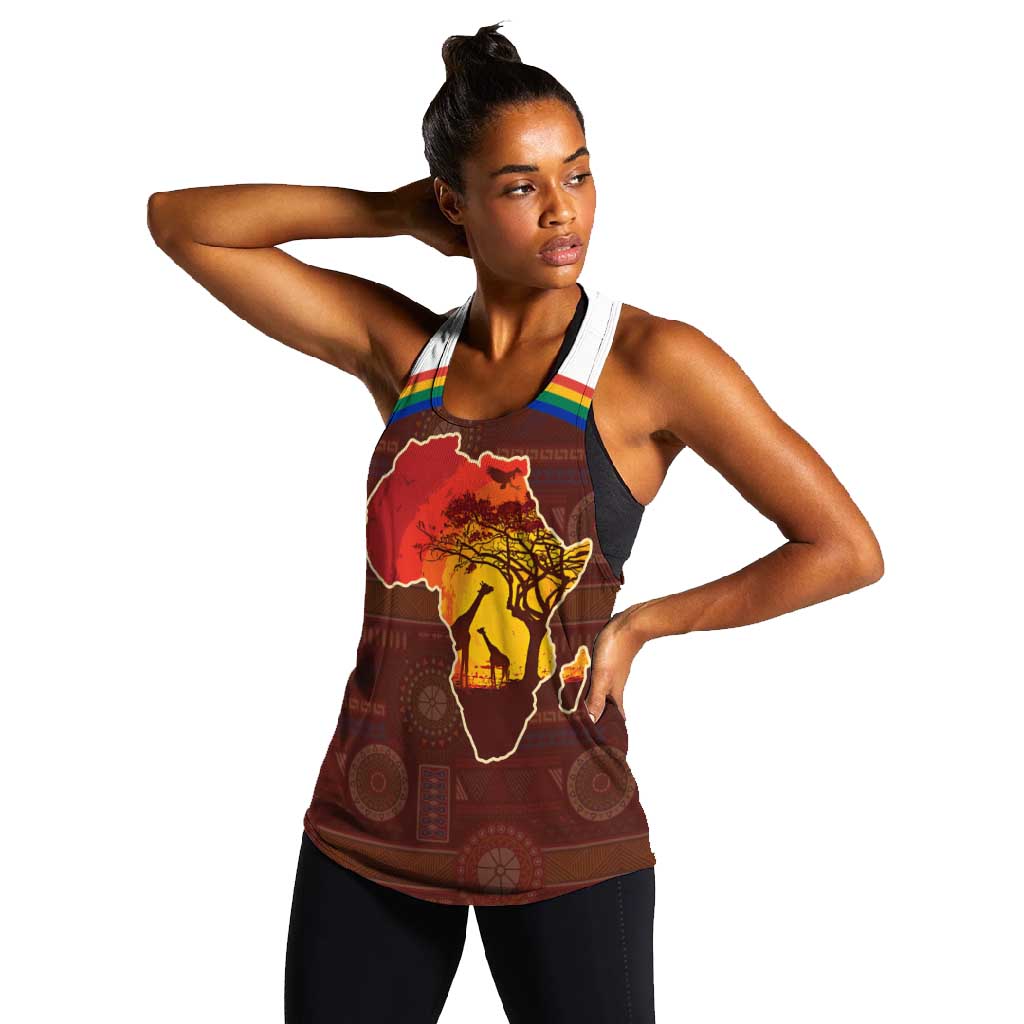 African Sunset Women Racerback Tank Tribal Pattern Continent Silhouette - Rainbow Arc Safari Scene