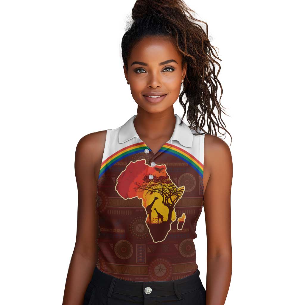 African Sunset Women Sleeveless Polo Shirt Tribal Pattern Continent Silhouette - Rainbow Arc Safari Scene