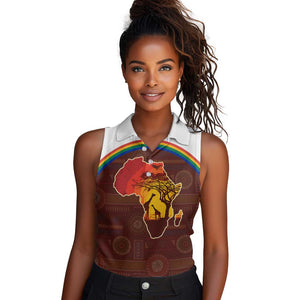 African Sunset Women Sleeveless Polo Shirt Tribal Pattern Continent Silhouette - Rainbow Arc Safari Scene