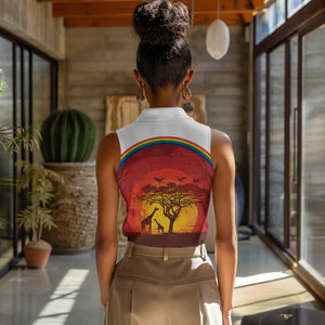 African Sunset Women Sleeveless Polo Shirt Tribal Pattern Continent Silhouette - Rainbow Arc Safari Scene