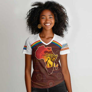 African Sunset Women V-Neck T-Shirt Tribal Pattern Continent Silhouette - Rainbow Arc Safari Scene