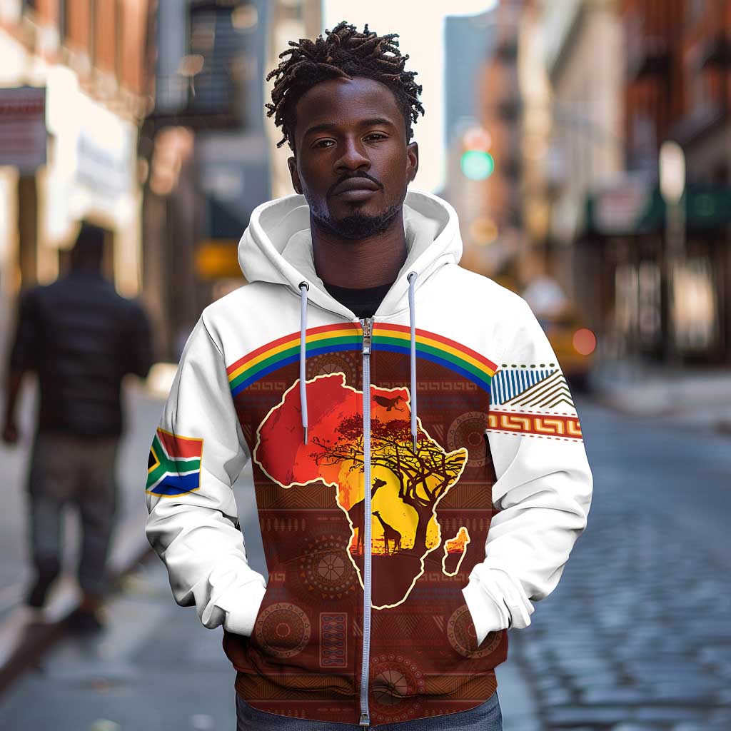 African Sunset Zip Hoodie Tribal Pattern Continent Silhouette - Rainbow Arc Safari Scene
