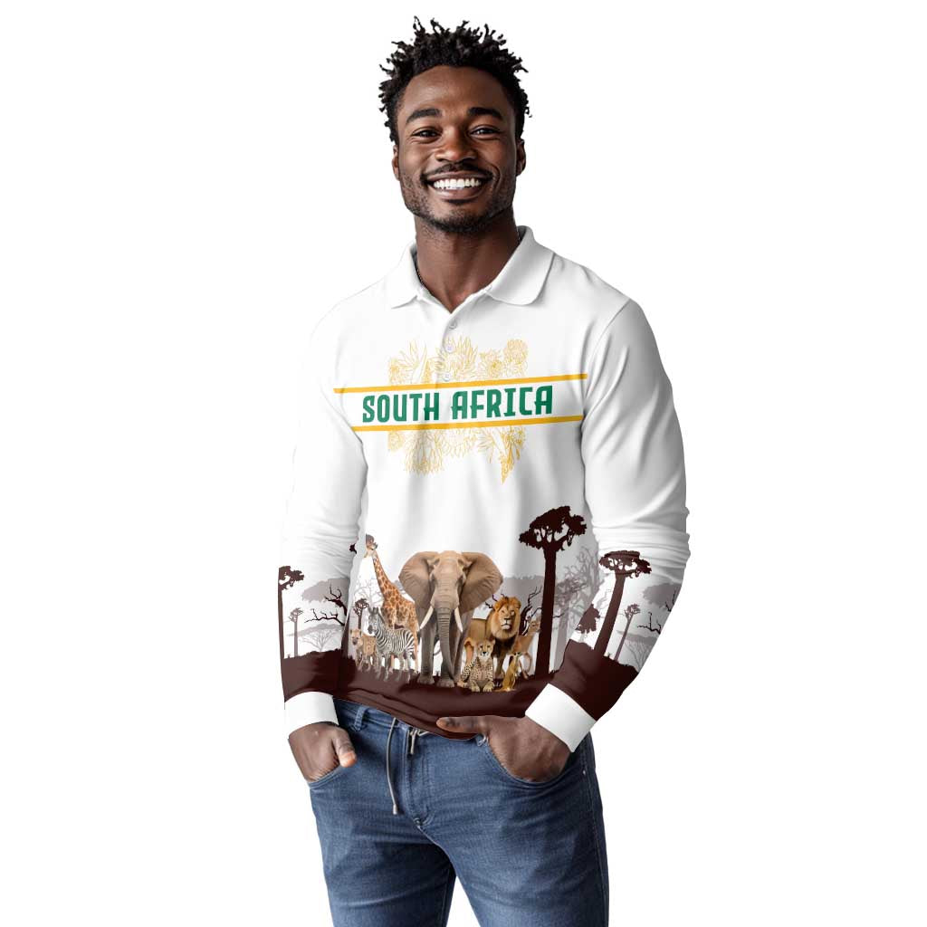 South Africa Wildlife Pride Long Sleeve Polo Shirt Big Five Animals