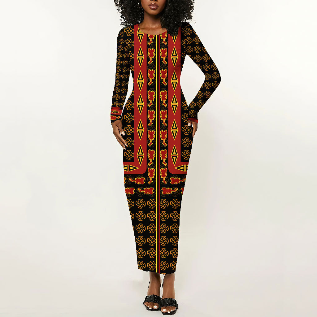 Cameroon Toghu Heritage Long Sleeve Bodycon Dress Traditional Bamenda Pattern In African