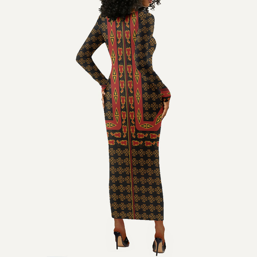 Cameroon Toghu Heritage Long Sleeve Bodycon Dress Traditional Bamenda Pattern In African